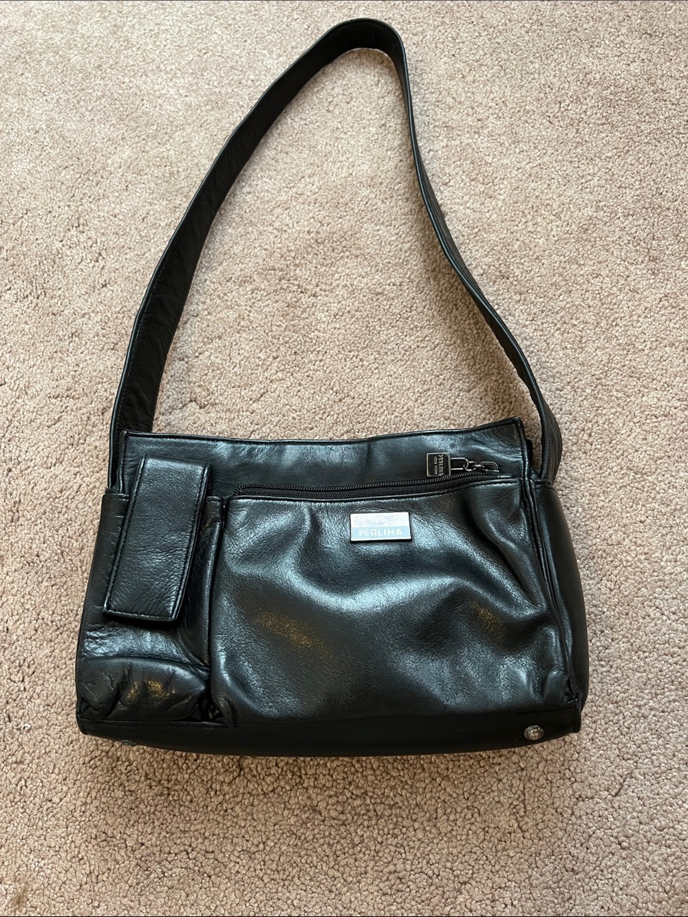 PERLINA Classic Vintage Soft Black Leather Shoulder Bag